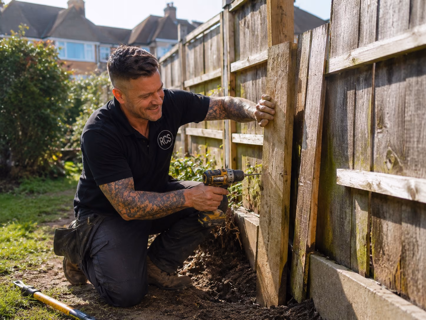 A local tradesman fixing a broken wooden fence