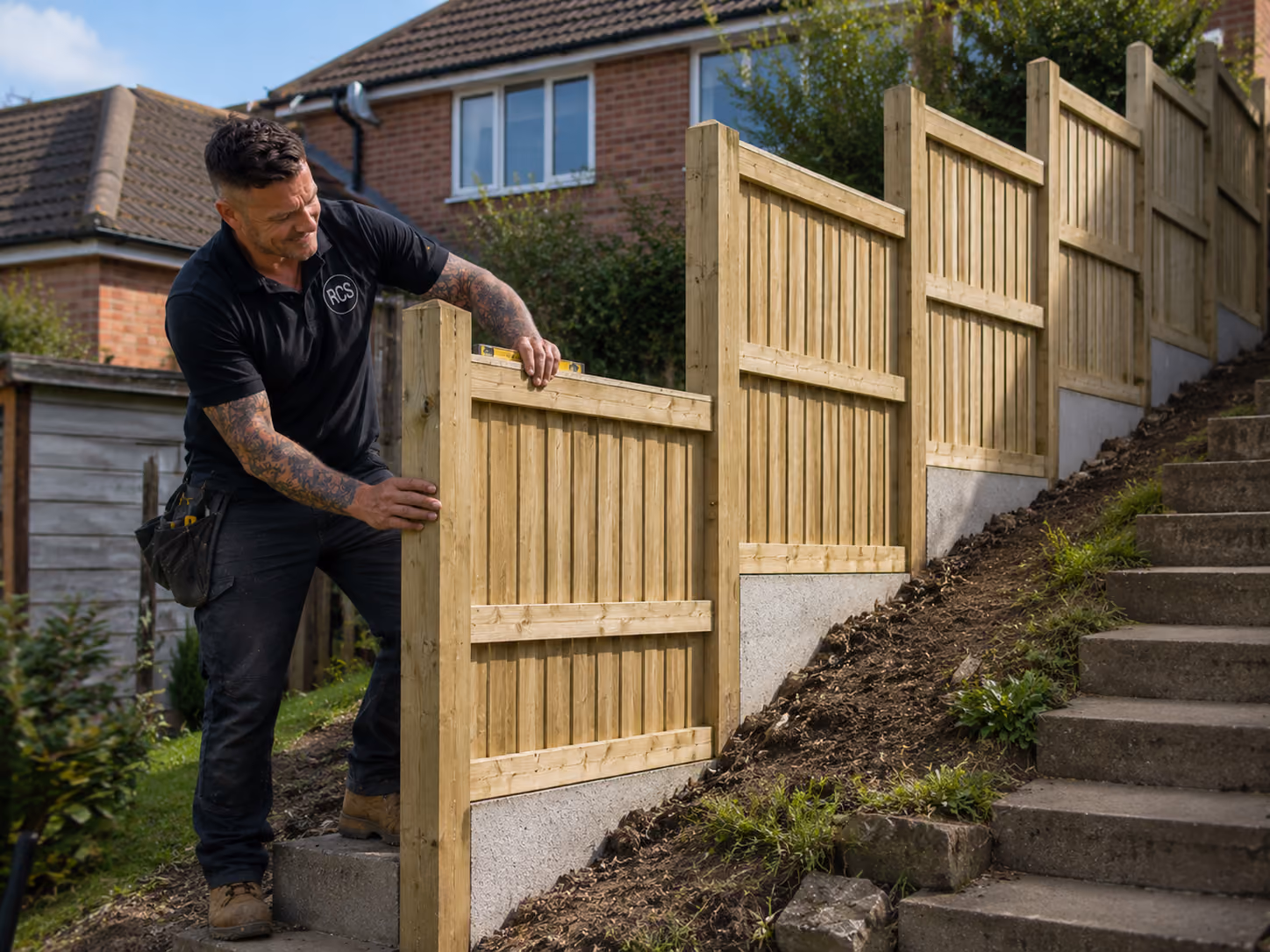 Closeboard fencing stepped along a sloped garden boundary