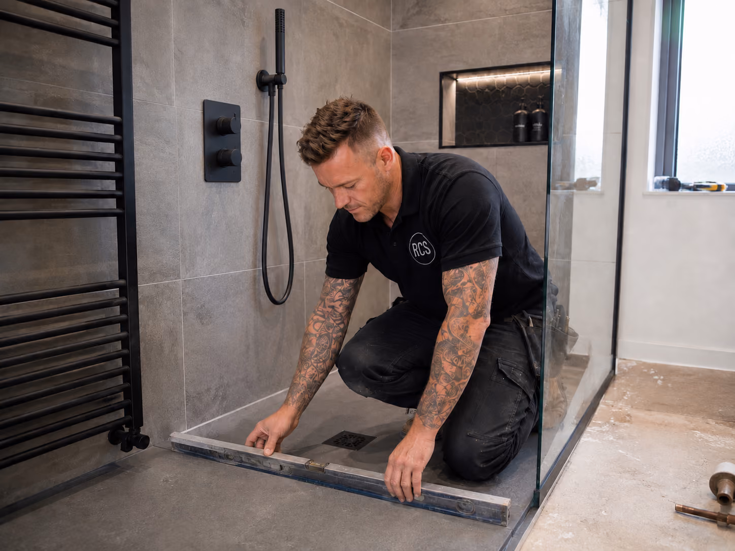 Walk-in shower enclosure installed with glass panel