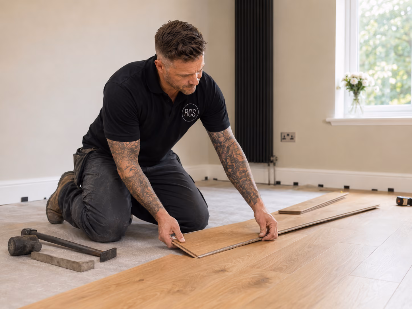 Laminate flooring installation underway