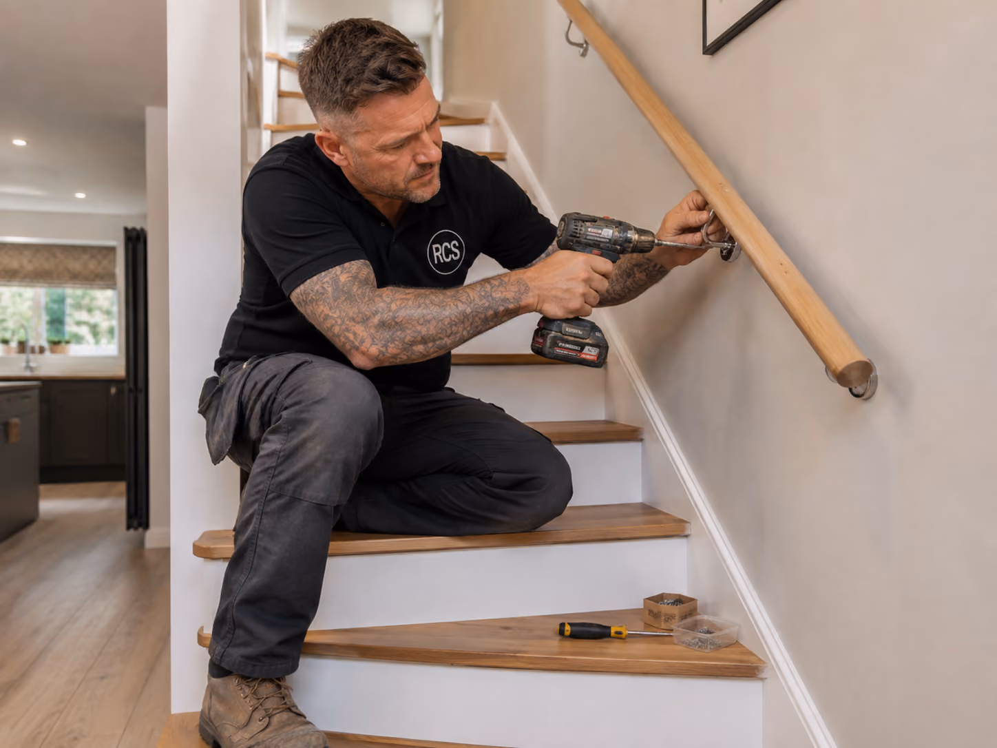 A carpenter fitting a staircase