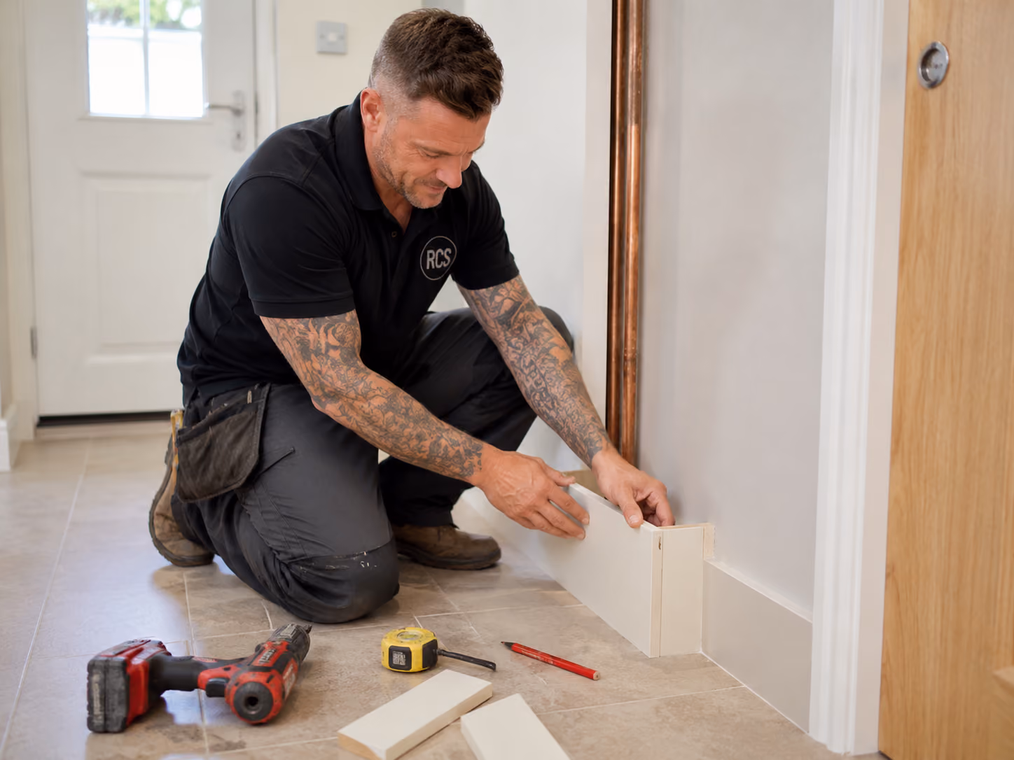 A carpenter boxing in pipework
