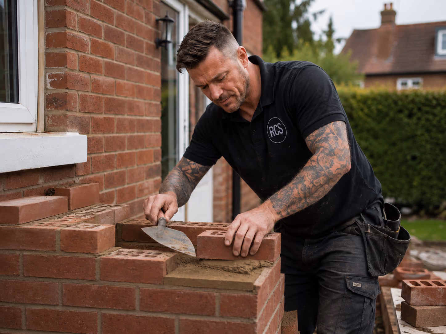 Garden wall construction by expert bricklayer