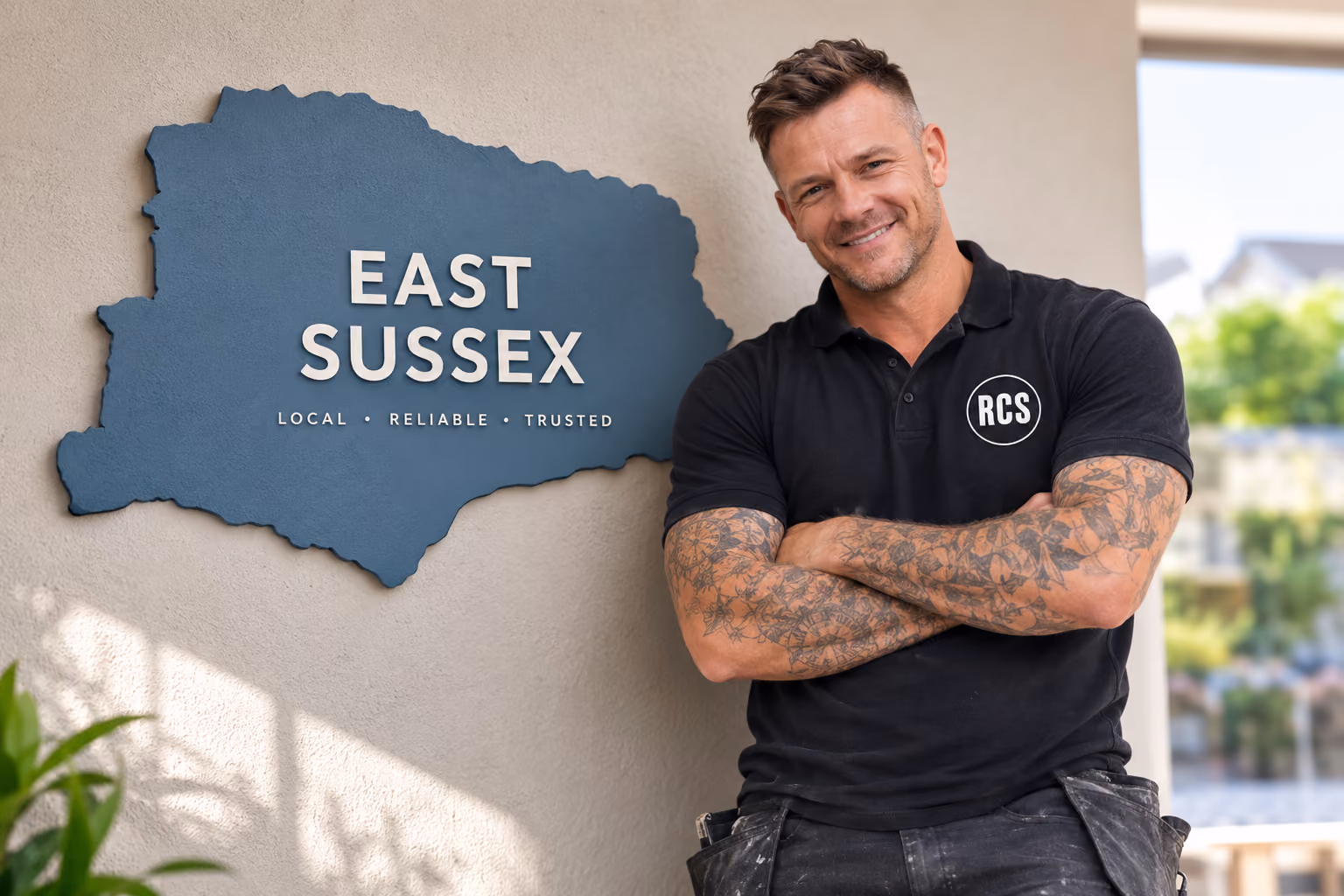 A man standing next to a map of east sussex to show locations he works in