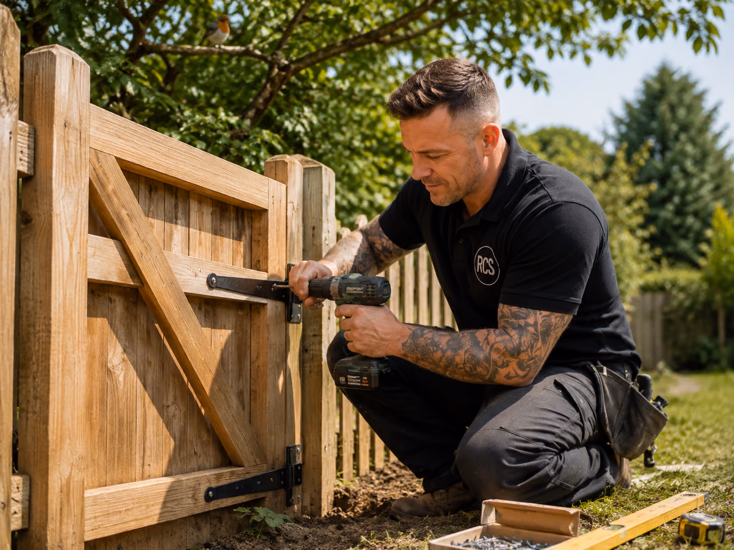 Rose Construction Sussex builder fitting hinges to a timber garden gate at a home in Eastbourne