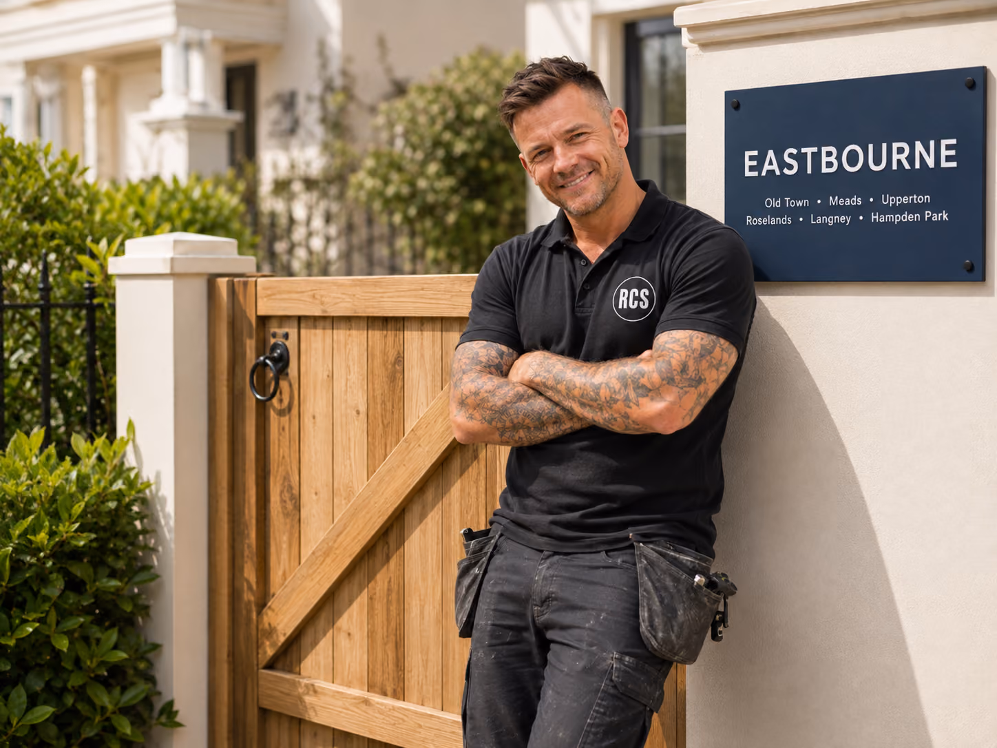 Rose Construction Sussex builder beside a fitted timber garden gate in Eastbourne, serving Old Town, Meads, Upperton, Roselands, Langney and Hampden Park