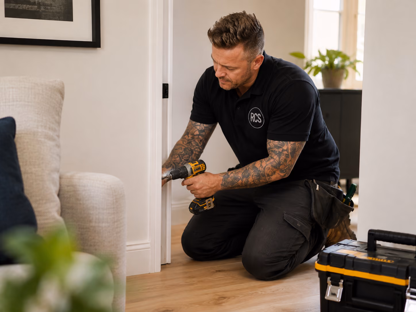 Rose Construction Sussex handyman adjusting an internal door in a customer’s home in Polegate.