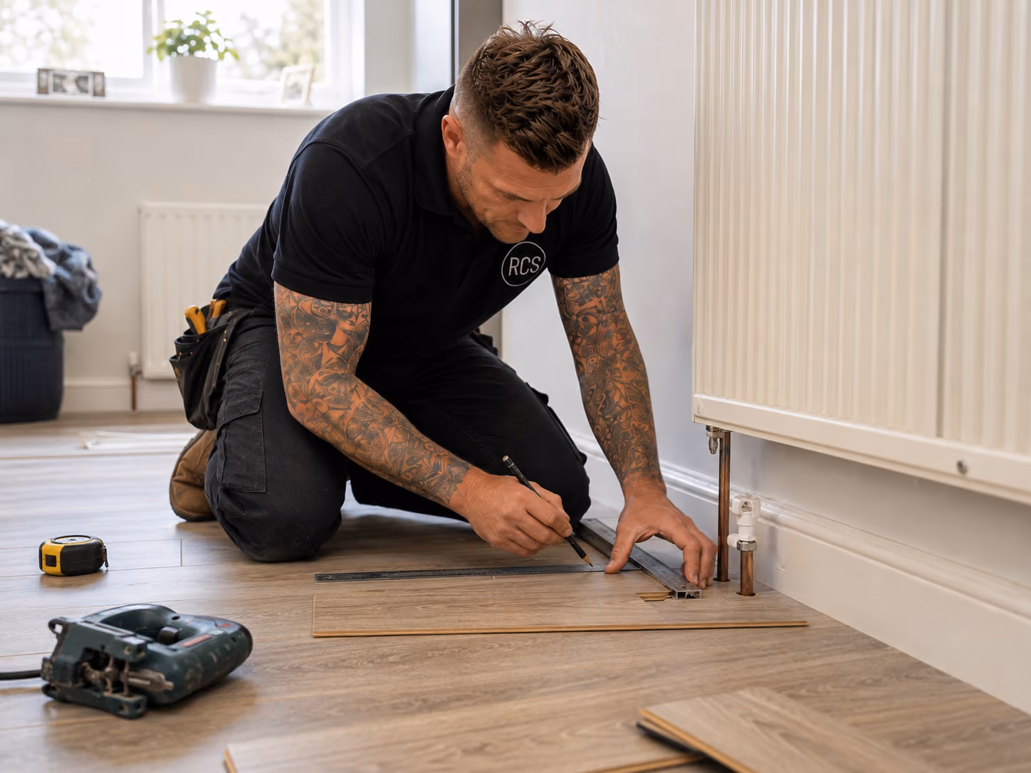 tradesman showing laminate flooring samples to homeowners during a home consultation in Eastbourne.