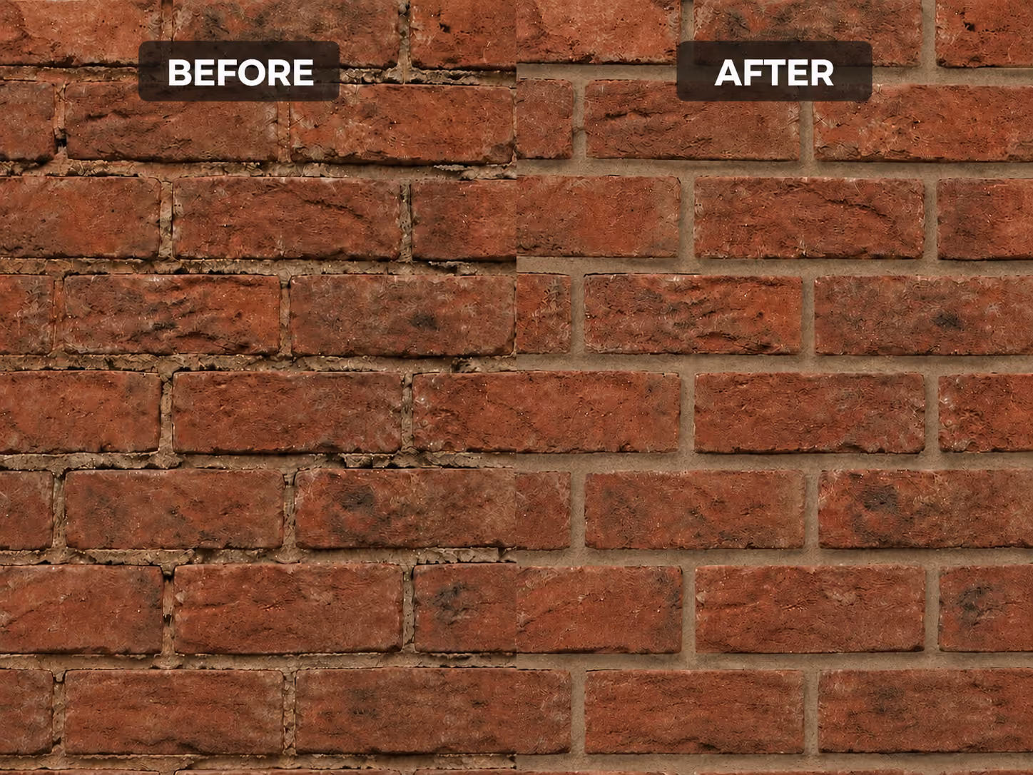Before and after comparison or repointing brickwork