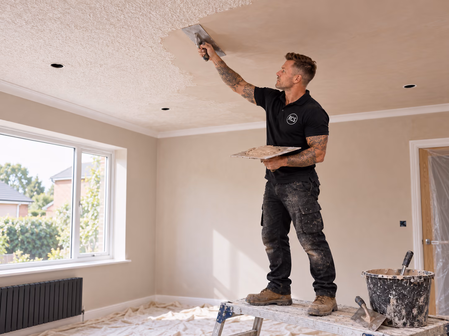 Professional skimming over Artex ceiling