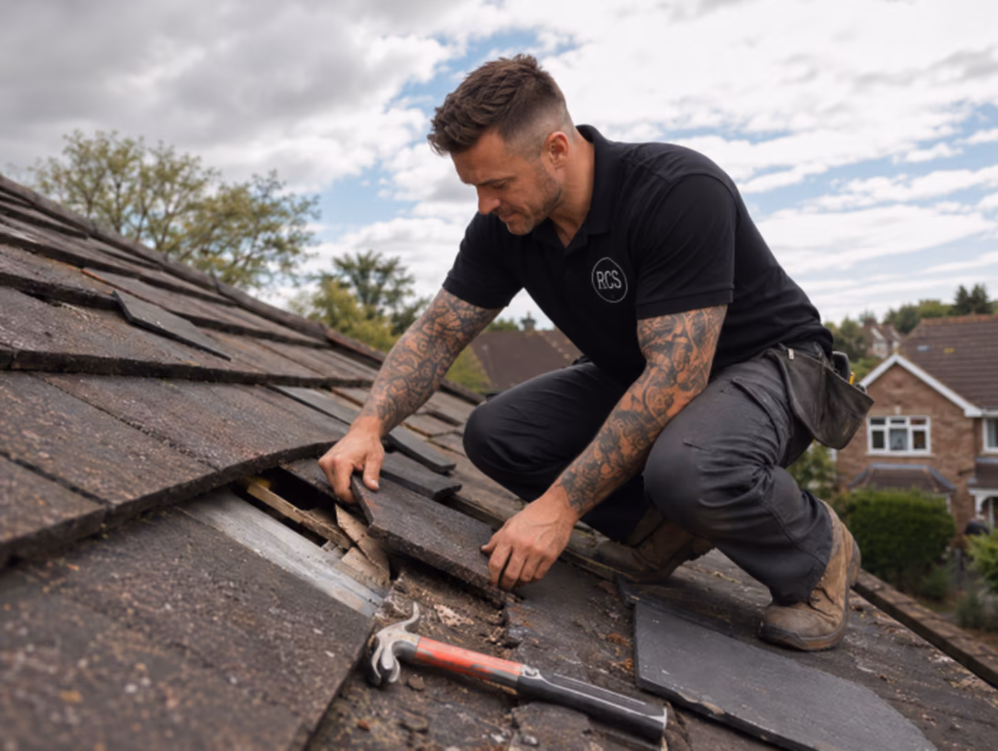 A man on a roof doing repairs to tiles