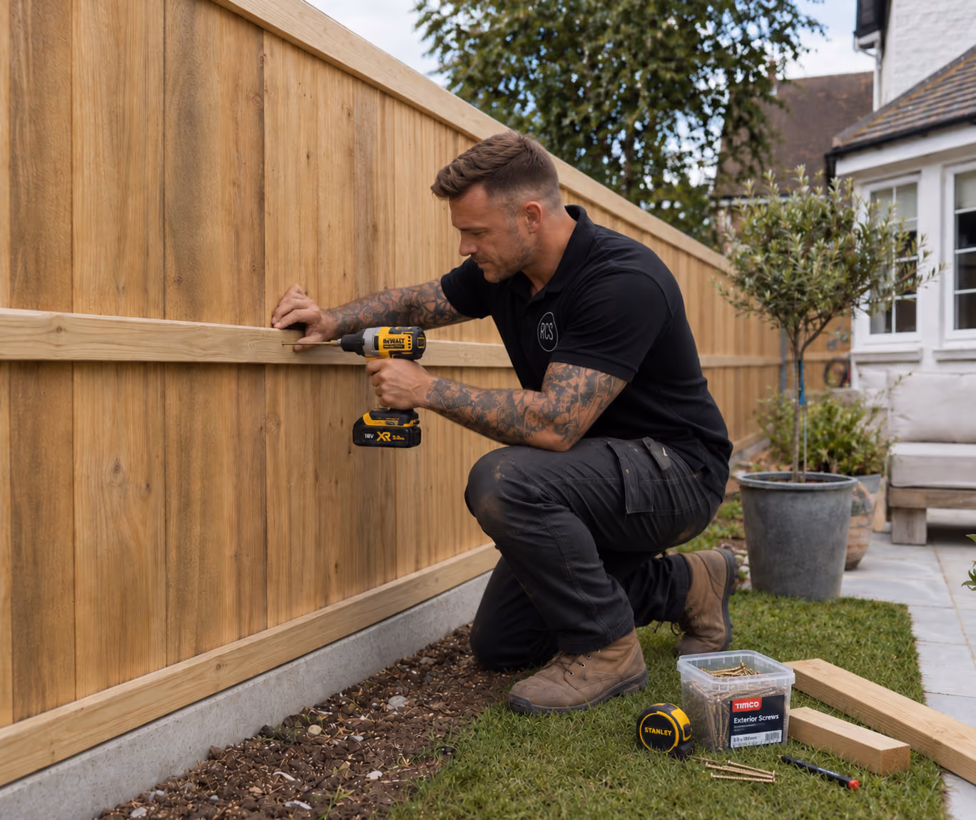 Man installing a new wooden fence