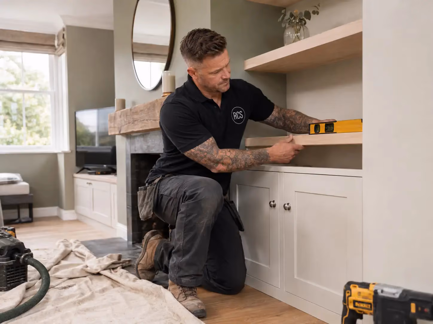 A carpenter sitting some storage in a lounge
