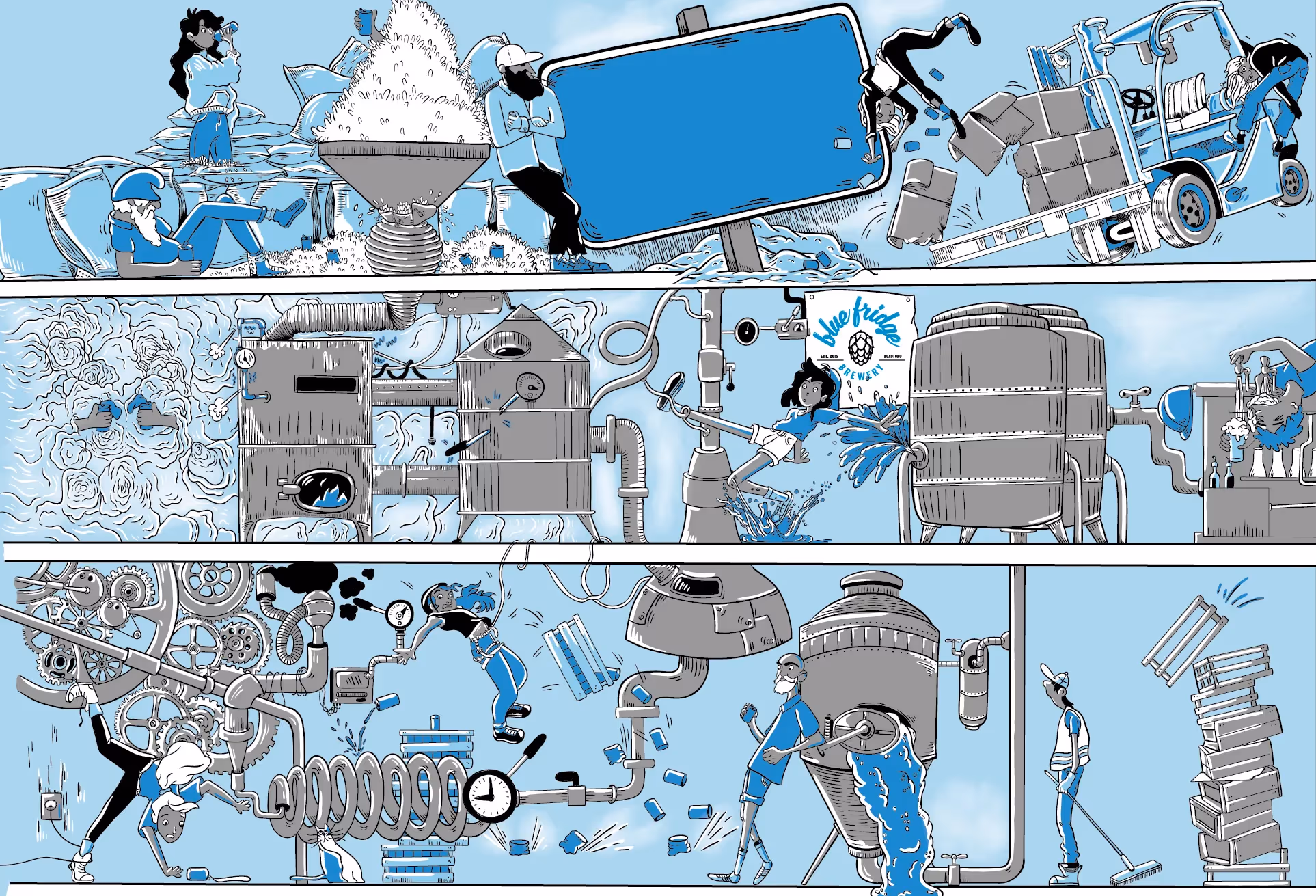 Katharine Hall - Playful Beer Can Illustration Featuring Brewery Workers