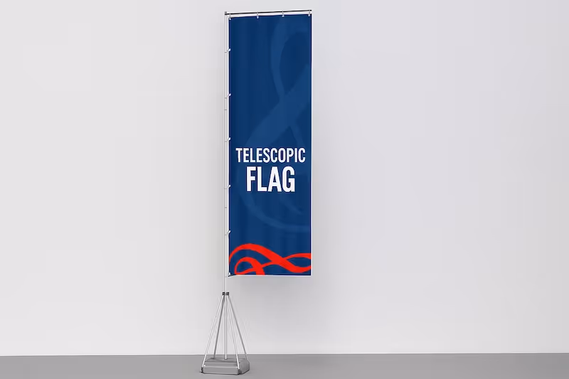 Height-adjustable outdoor flags with interchangeable base options for events.