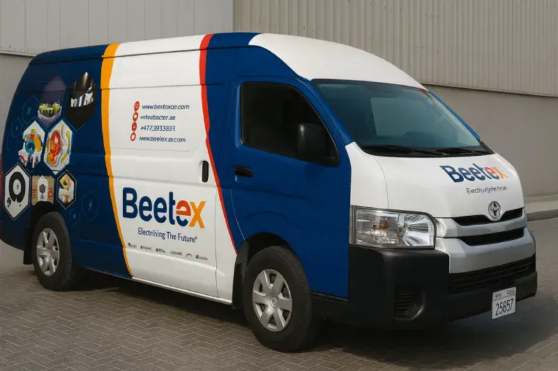 Fleet branding across 4 delivery vans and 4 pickup trucks with full wrap coverage and DED vehicle advertisement permit coordination