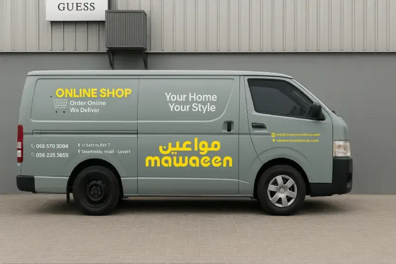Home delivery van full wrap branding with DED vehicle advertising permits for hardware retail store across Abu Dhabi service coverage areas