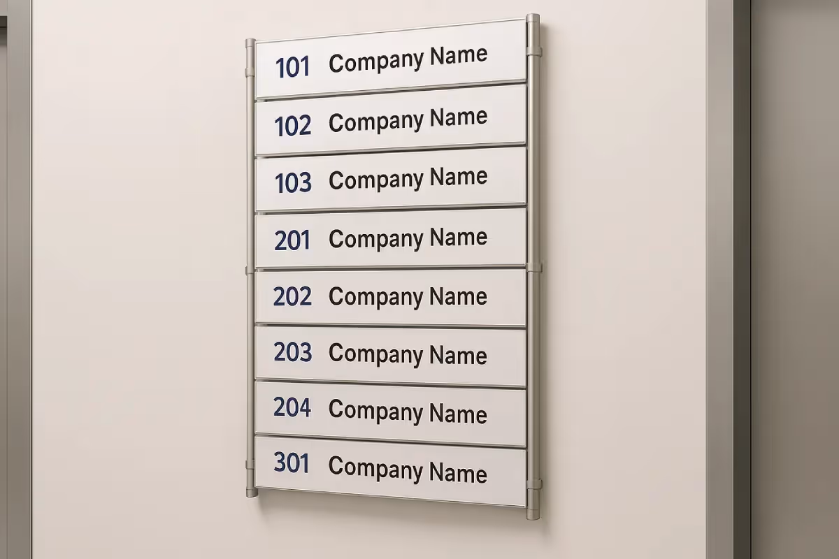 Building tenant directories with replaceable nameplates for lobby navigation.