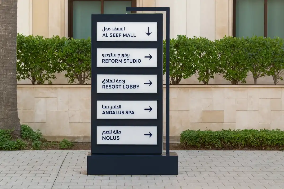 Directional pylon with changeable tenant panels delivering wayfinding solution for resort guest navigation and visitor orientation.