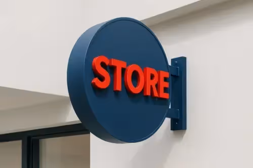 Projecting perpendicular signs from building facades for pedestrian-level visibility.