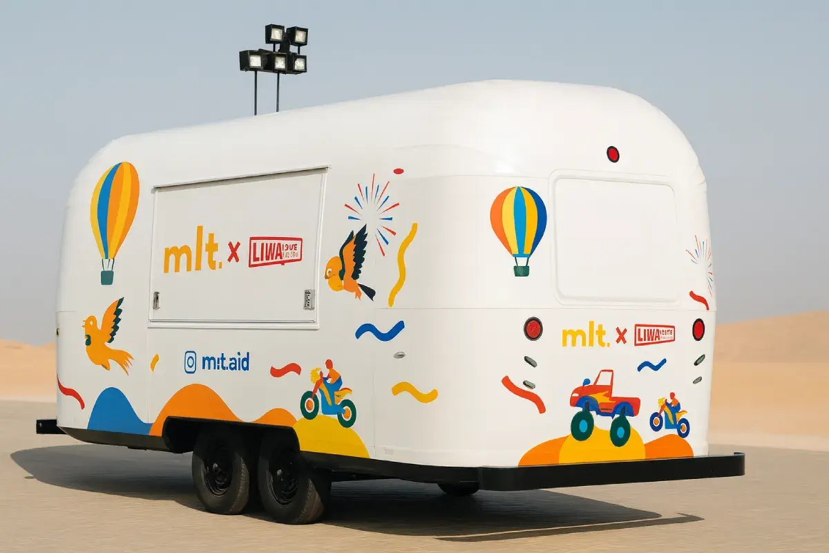 Complete food truck vinyl wrap installation with complex curved surfaces executed in remote Liwa location under tight timeline.