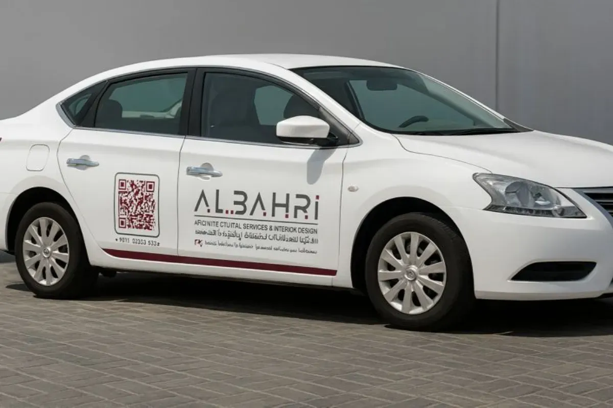 Vehicle lettering and decals featuring company information and logo, applied for AL Bahri Engineering fleet branding projects