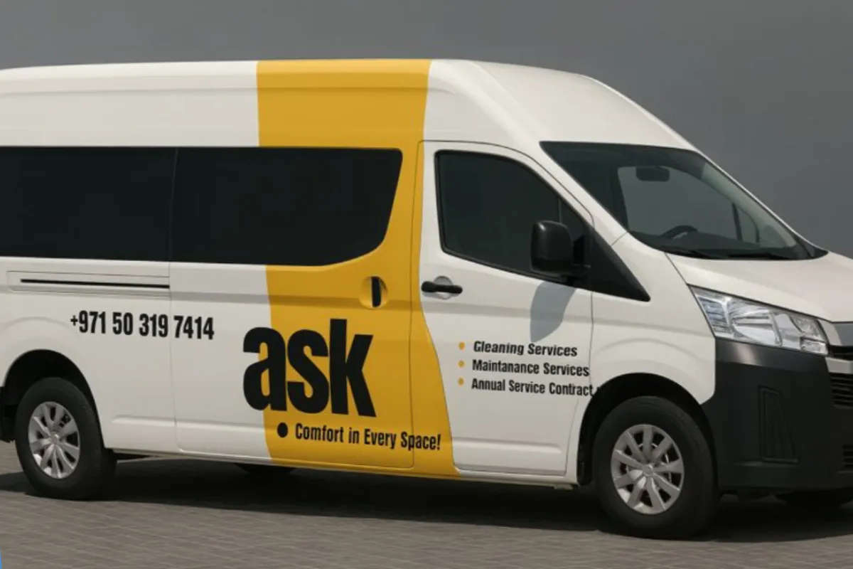 Partial vehicle branding for ASK cleaning and maintenance fleet, using durable high-contrast vinyl graphics to enhance service visibility and professional identification