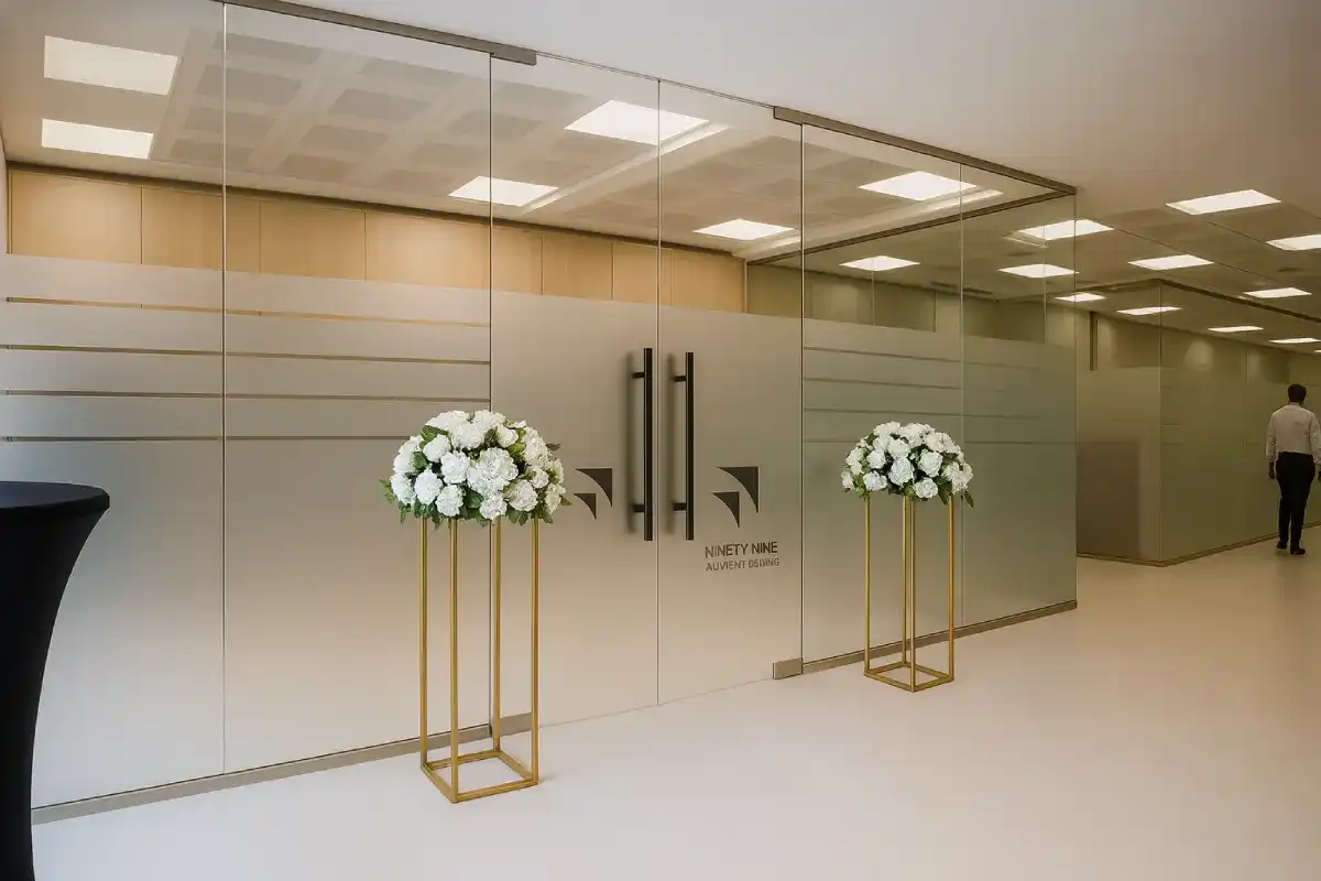 Large-scale graphic installations integrated into building surfaces, glass facades, and interior environments for permanent brand presence.