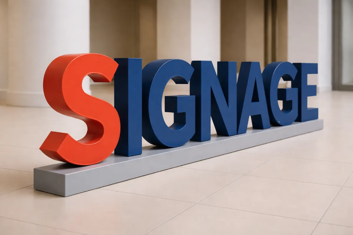 Freestanding 3D letter signs with sculptural design for floor placement in lobbies and event spaces