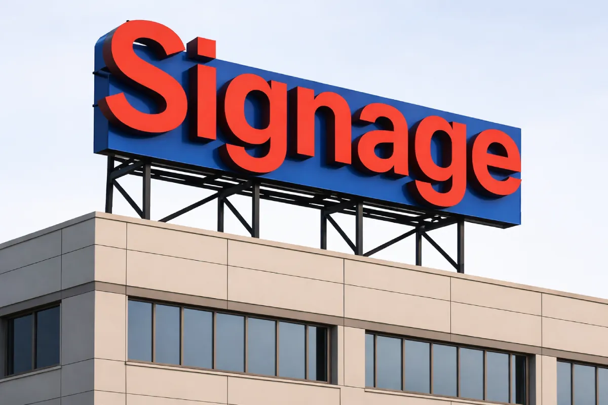 Rooftop signage with large-format letters for high-elevation building brand presence and visibility