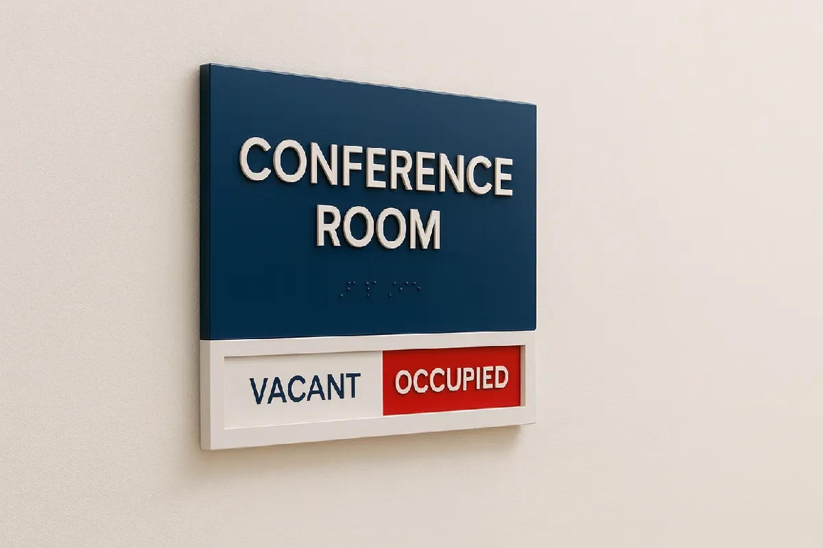 Professional door signs with numbers and text for office identification.