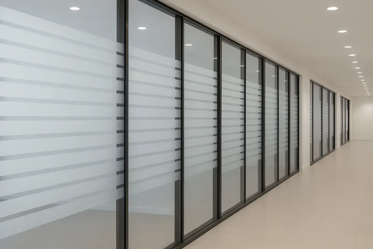 Frosted glass vinyl stickers creating privacy and etched glass appearance for office windows and partitions