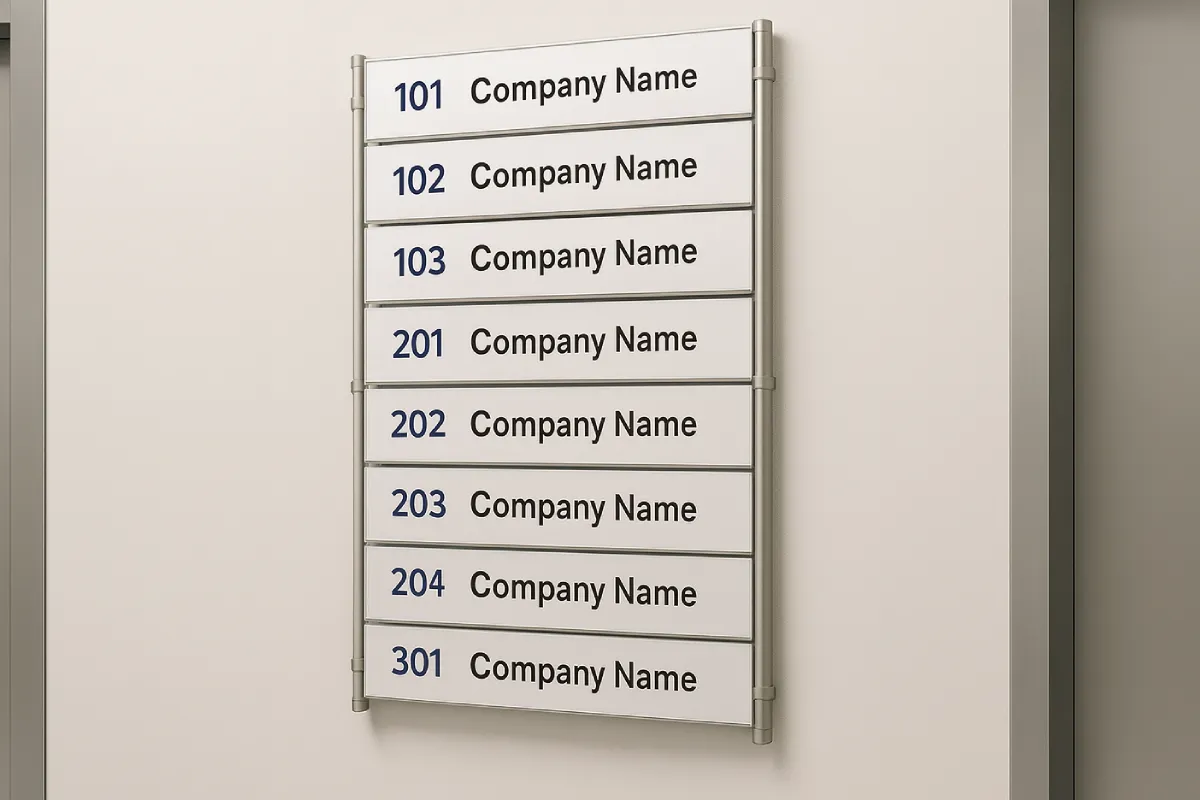 Building tenant directories with replaceable nameplates for lobby navigation.