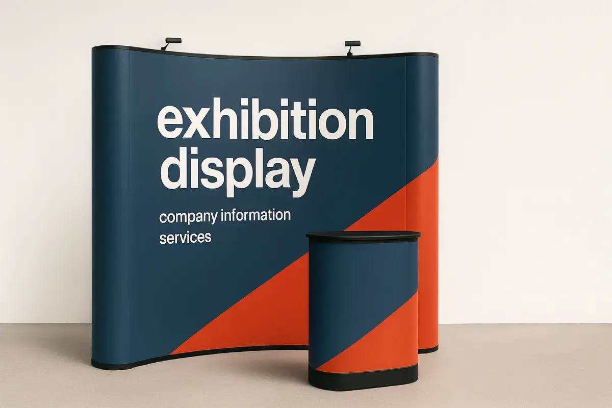 Portable pop up display stands with curved and straight configurations for trade shows and events