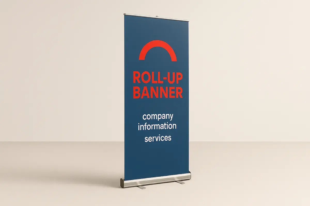 Portable roll-up banner stands with retractable graphics for trade shows, events, and exhibitions