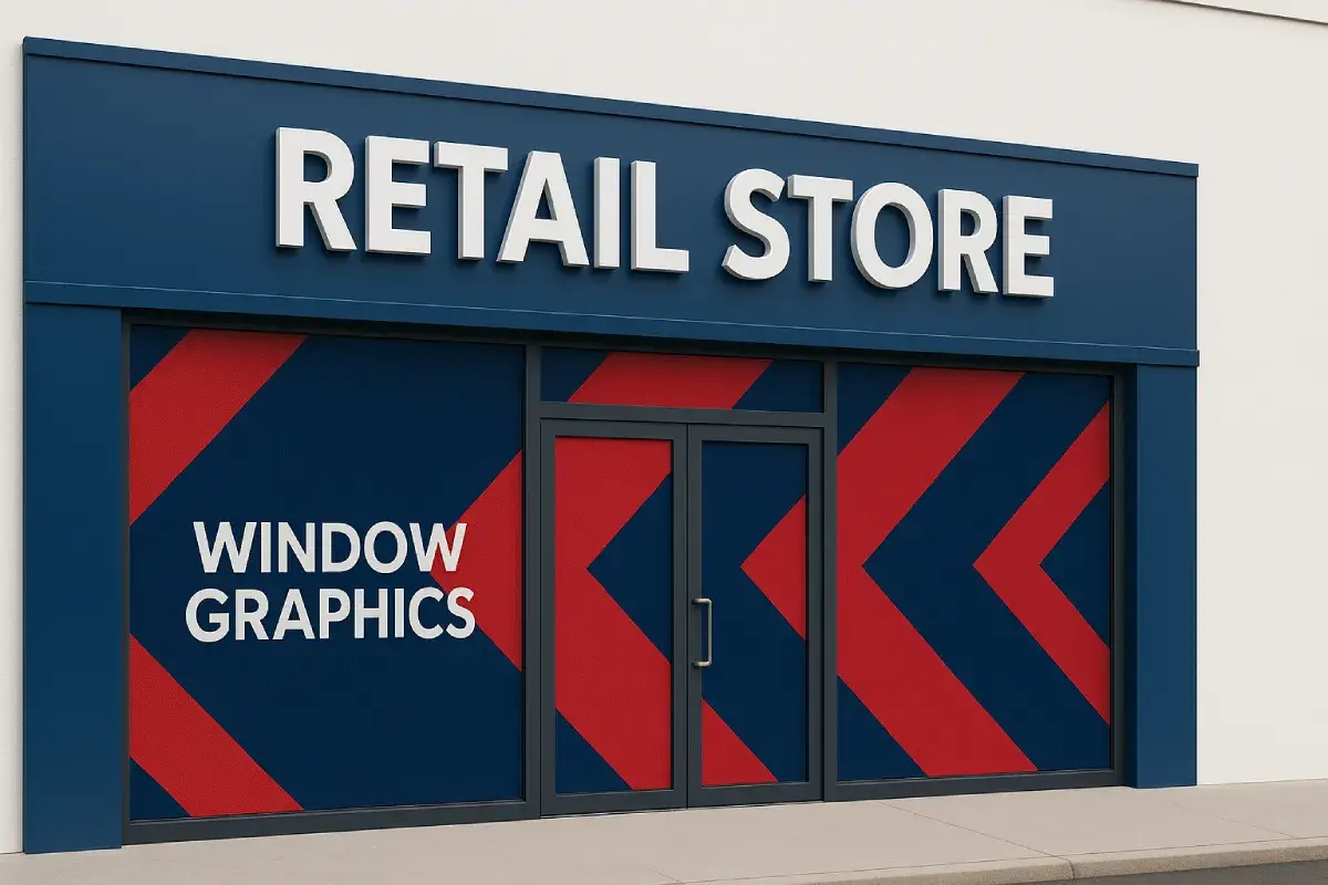 Storefront window graphics with full-color printing for retail glass displays and promotional messaging