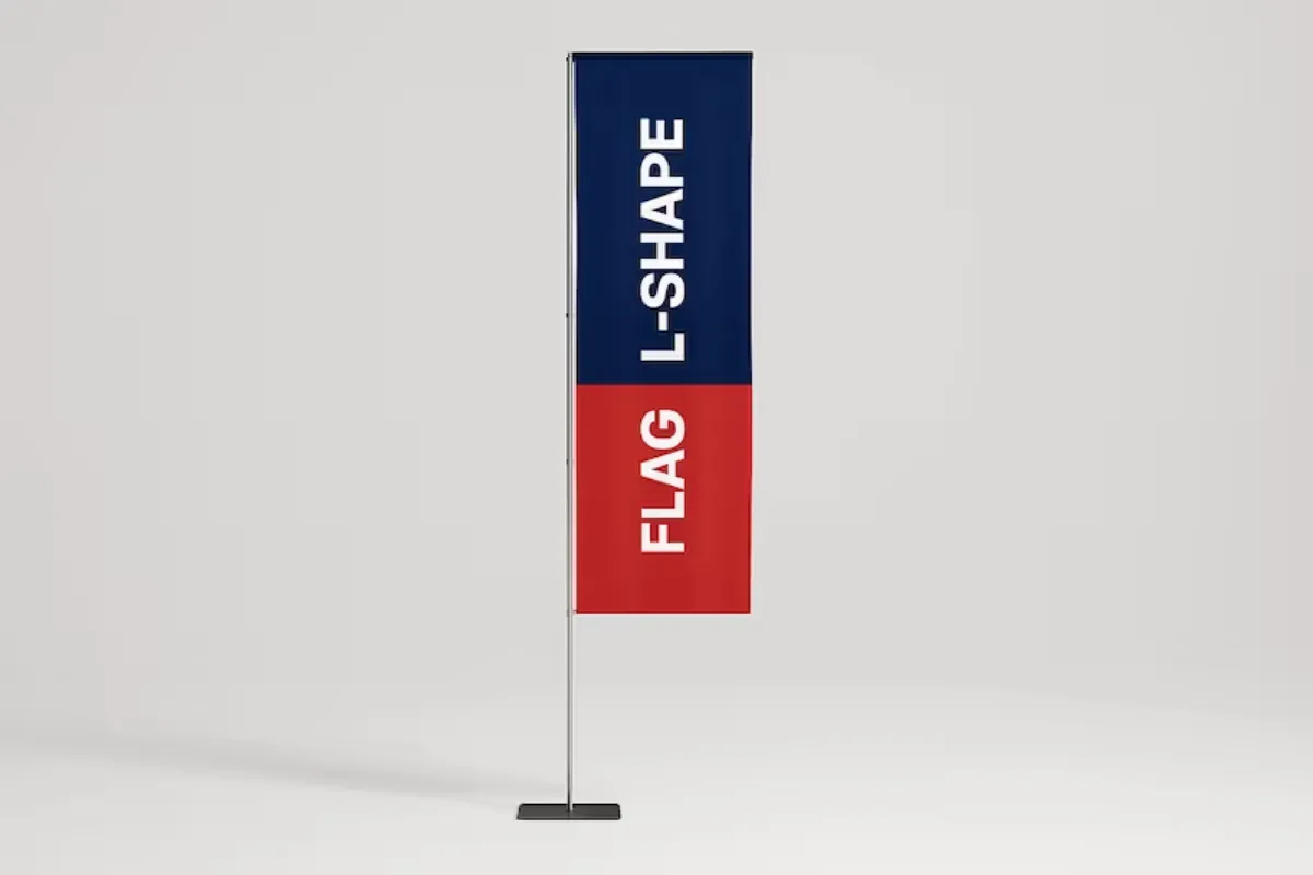 L-shaped promotional flags with rectangular graphics for outdoor advertising and event visibility