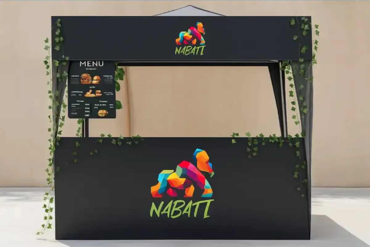 Custom branded canopy tent providing portable outdoor shelter for UAE plant-based restaurant event activations and promotional displays