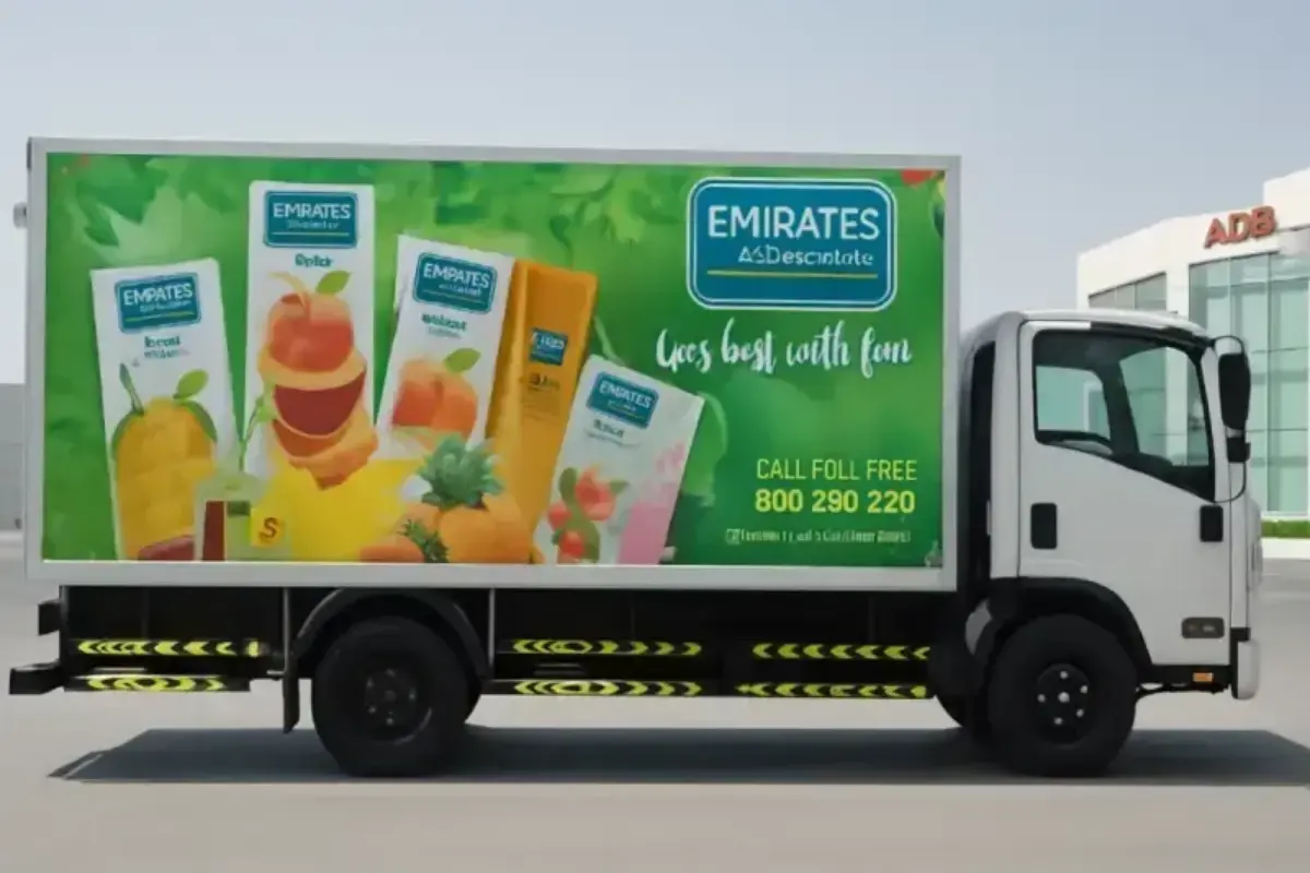 Emirates Foods fleet branding with three-sided refrigerator cargo graphics and custom design requiring minimal vehicle downtime coordination.