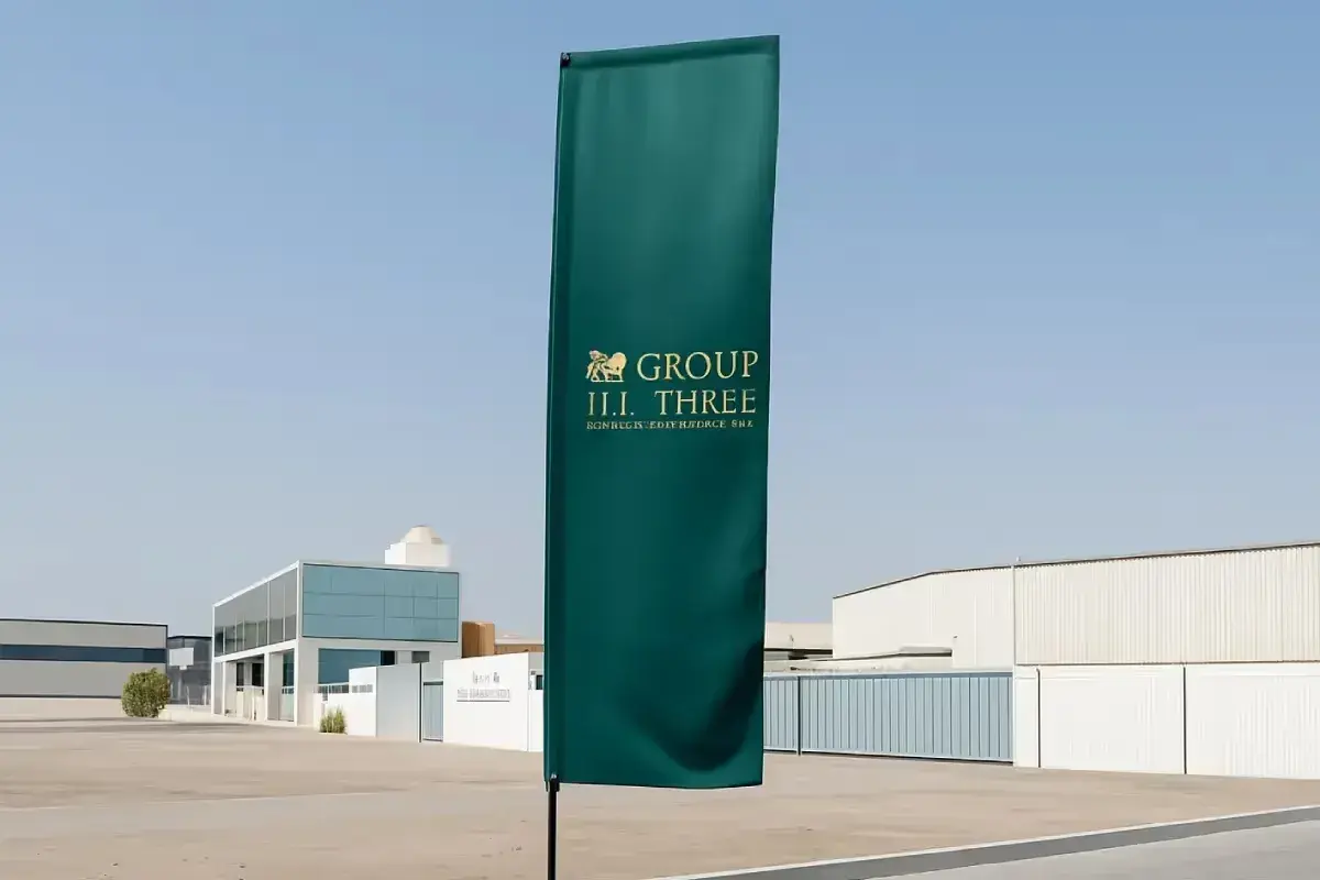 Group Three L-shape promotional flags with aluminum pole structure and double-sided taffeta satin printing on concrete-weighted bases.