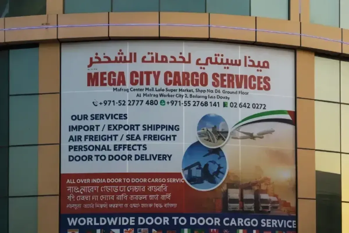 Exterior perforated film with custom graphics allowing interior visibility while limiting exterior view for cargo office privacy.