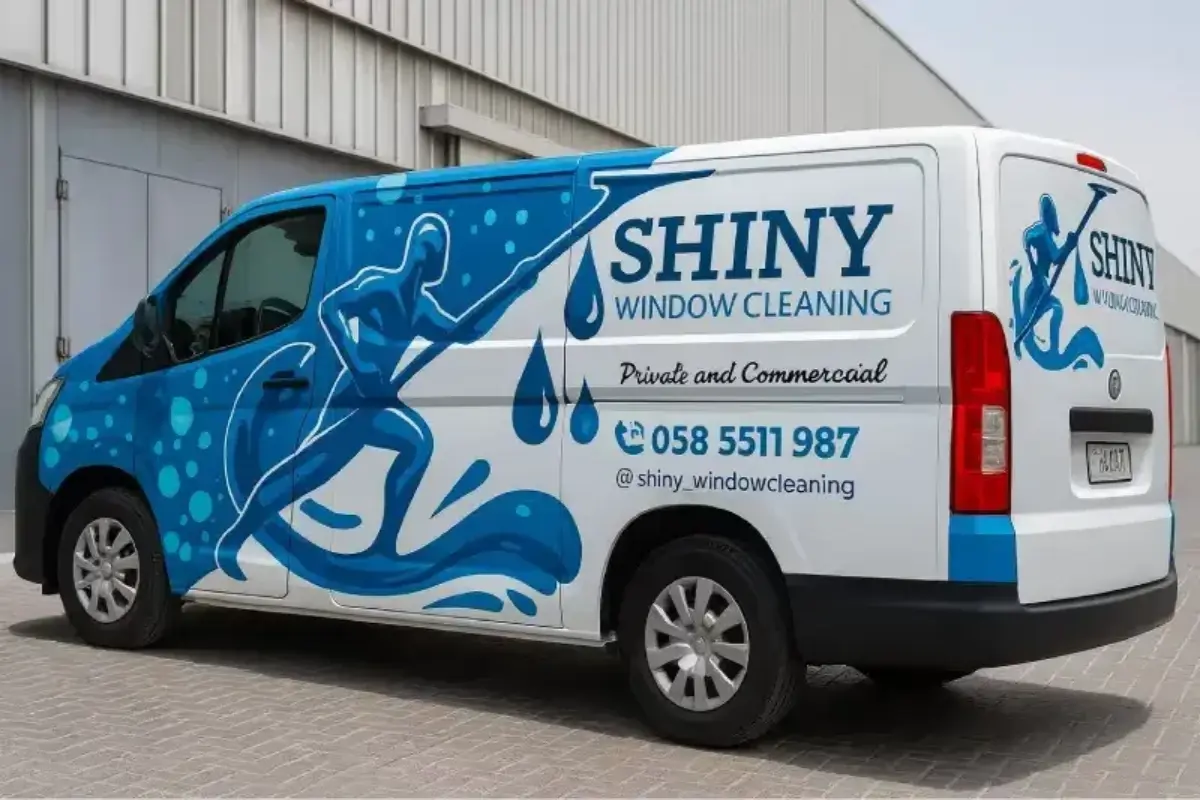 Home service van full wrap branding with DED vehicle advertising permit issuance for residential and commercial window cleaning in Abu Dhabi.