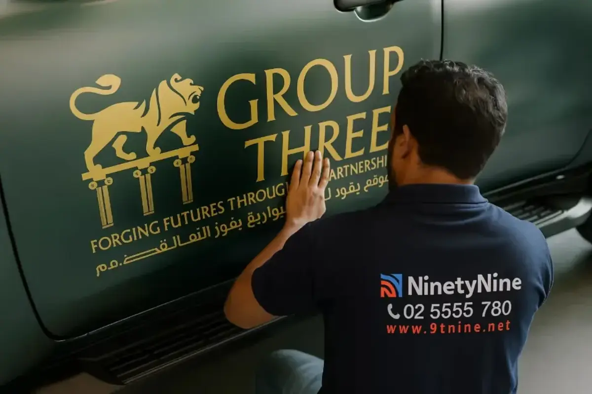 Cut vinyl lettering fleet branding across 8 company vehicles for interior design firm maintaining consistent corporate identity throughout Abu Dhabi operations.