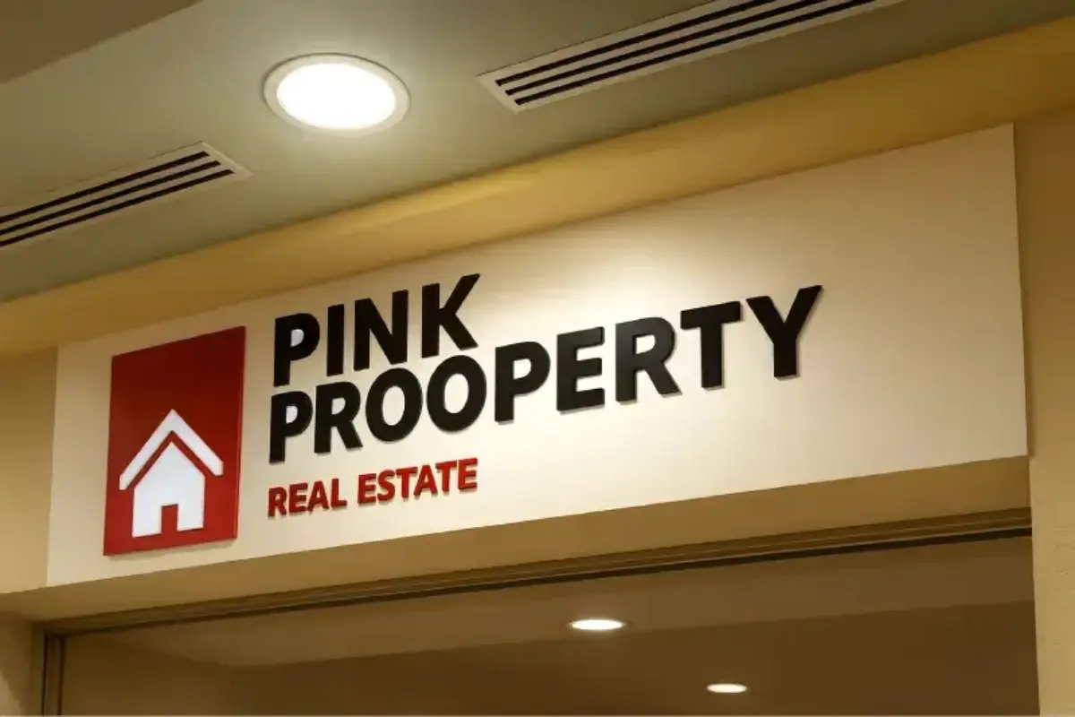  Push-through 3D acrylic letters from CNC-cut backer panel for inside-mall storefront installation creating dimensional real estate office brand identification signage.