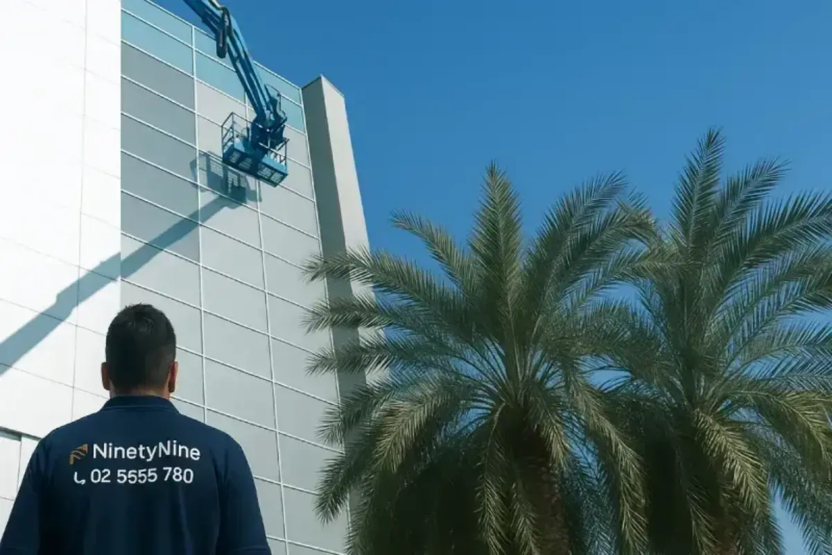 380 square meters frosted glass film with outdoor crane installation at height for privacy enhancement and heat reduction across Abu Dhabi property development.