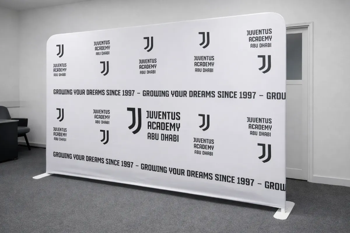 Double-sided tension fabric banner for sports academy featuring logo pattern design for event displays and promotional activities.