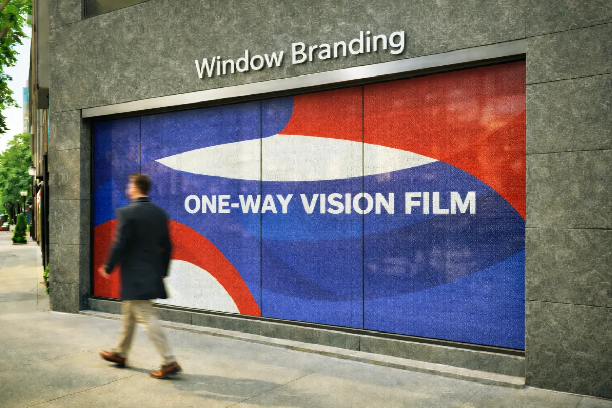One way vision window film with perforated vinyl for storefront advertising and interior visibility