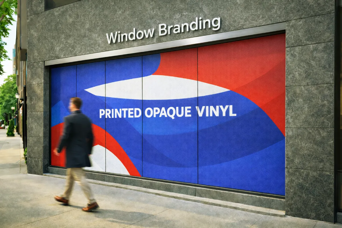 Storefront window graphics with full-color printing for retail glass displays and promotional messaging