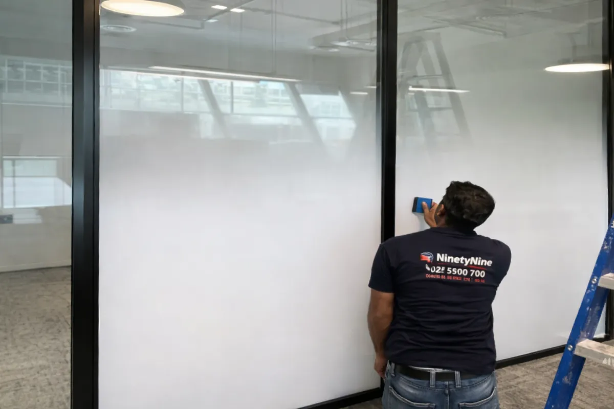 Gradient White Ink Clear Window Sticker being installed on office glass partitions in Abu Dhabi by Ninety Nine Advertising LLC.