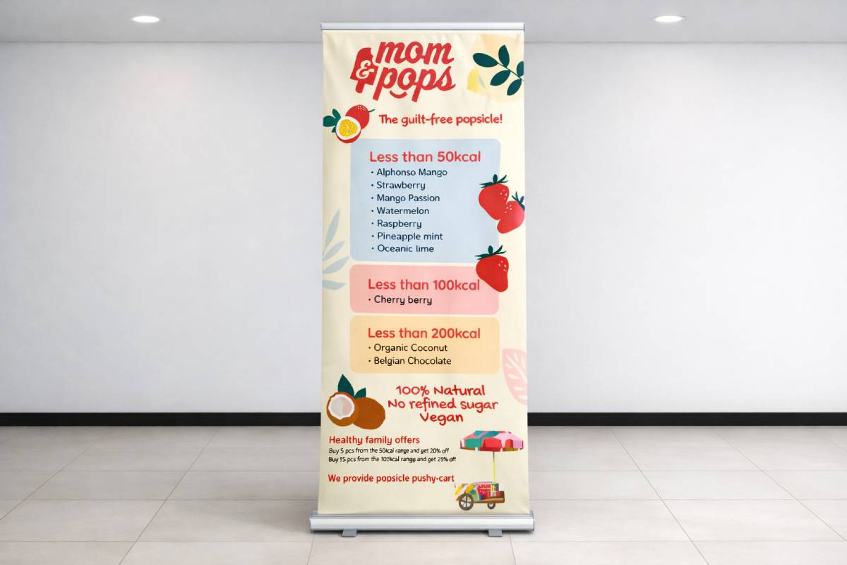 Standard Mom & Pops Popsicle Roll Up Banner with colorful fruit illustrations and menu in Abu Dhabi by Ninety Nine Advertising LLC.